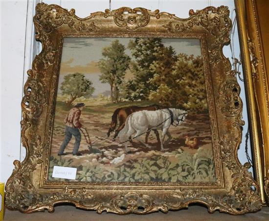 Needlepoint picture of ploughman in gilt frame